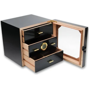 Çekmeceli 3 Katlı Siyah Sedir Humidor Puro Kutusu RD10