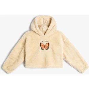 Peluş Kapşonlu Sweatshirt Kelebek Işlemeli Uzun Kollu