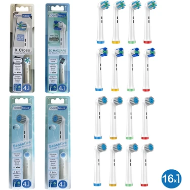 Denthauz Dev Set 16 Adet  Sensetive + x Cross + 3D Maxcare Oral-B Uyumlu Yedek Diş Fırçası