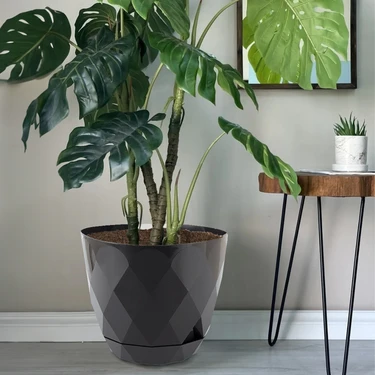 Temmuz Home 9.2 Litre Dekoratif Prizma Desenli Büyük Boy Tabaklı Plastik Saksı Yakamoz
