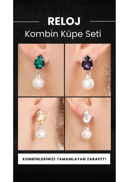 Kadın Reloj Model 4 Renk Gümüş Kaplama Abiye Elbise Kombin Günlük Zirkon Taşlı Incili Küpe Seti