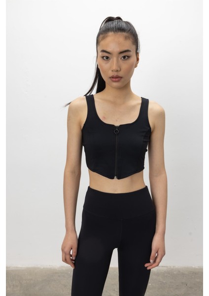 Siyah Renk Ortadan Fermuarlı Crop Bluz fiyatları