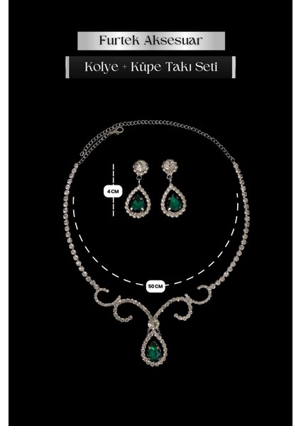 Kadın Semente Model Zümrüt Renk Kristal Zirkon Taşlı Gümüş Kaplama Abiye Kombin Kolye Küpe Takı Seti