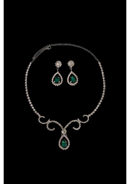 Kadın Semente Model Zümrüt Renk Kristal Zirkon Taşlı Gümüş Kaplama Abiye Kombin Kolye Küpe Takı Seti fiyatları
