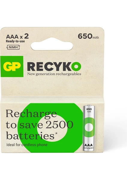 GP Batteries Gp Recyko 650 Aaa Ince Kalem Ni-Mh Şarjlı Pil 1.2 Volt 2'li Kart