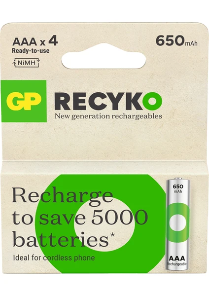 GP Batteries Gp Recyko 650 Aaa Ince Kalem Ni-Mh Şarjlı Pil 1.2 Volt 4'lü Kart