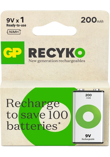 GP Batteries Gp Recyko 200 9V Boy Ni-Mh Şarjlı Pil 8.4 Volt Tekli Kart