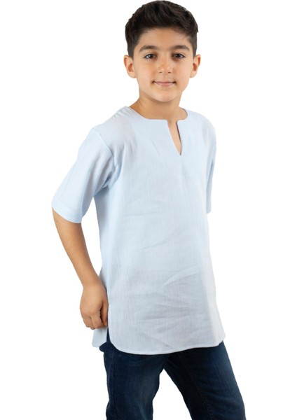 Kısa Kol Şile Bezi Bisiklet Yaka Erkek Çocuk T-Shirt Buz Mavi