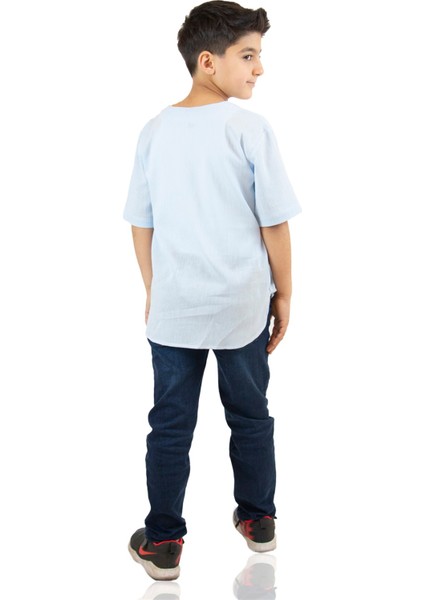 Kısa Kol Şile Bezi Bisiklet Yaka Erkek Çocuk T-Shirt Buz Mavi