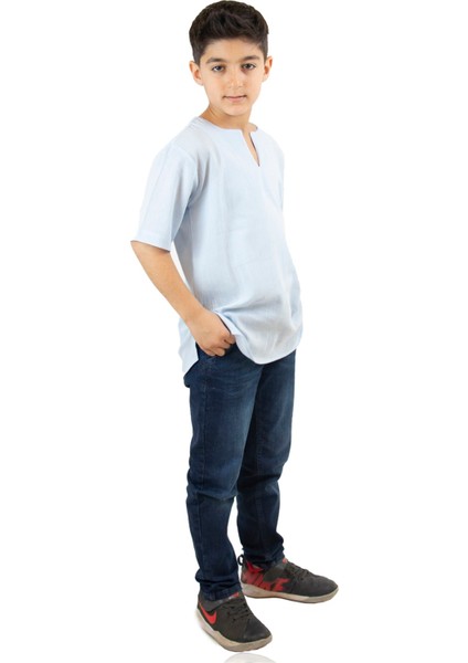 Kısa Kol Şile Bezi Bisiklet Yaka Erkek Çocuk T-Shirt Buz Mavi