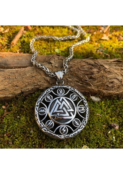 Kalkan Valknut Runik Sembol Thor Valhalla Odin Iskandinav Işlemeli 316L Çelik Erkek Kolye