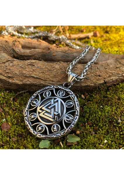 Kalkan Valknut Runik Sembol Thor Valhalla Odin Iskandinav Işlemeli 316L Çelik Erkek Kolye