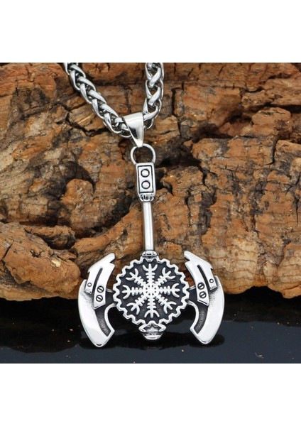 Vegvisir Işlemeli Savaşçı Baltası & Örgü Zincir 316L Çelik Erkek Kolye