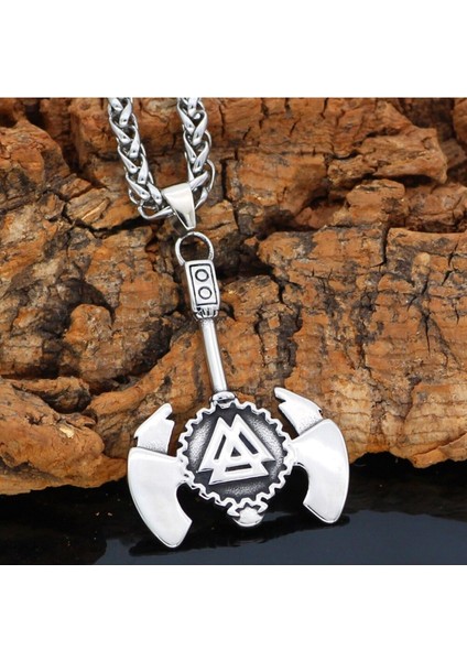 Vegvisir Işlemeli Savaşçı Baltası & Örgü Zincir 316L Çelik Erkek Kolye fiyatları