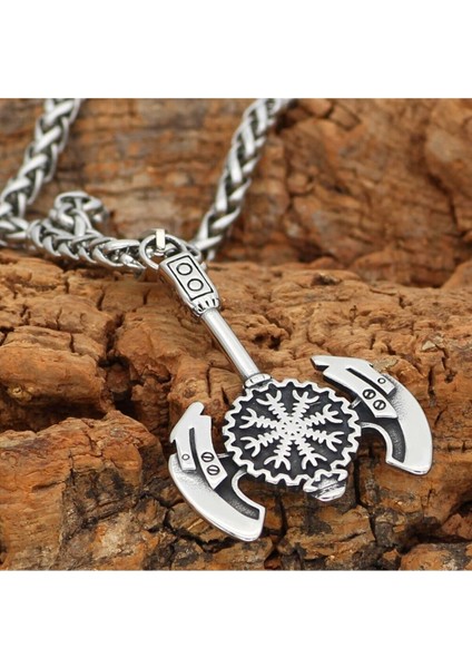 Vegvisir Işlemeli Savaşçı Baltası & Örgü Zincir 316L Çelik Erkek Kolye modelleri