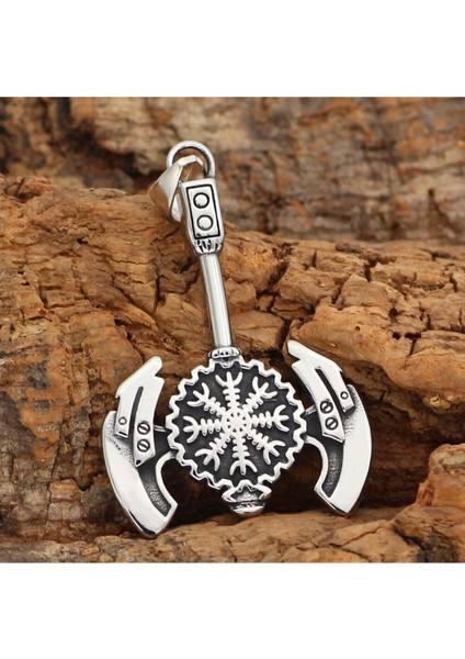 Vegvisir Işlemeli Savaşçı Baltası & Örgü Zincir 316L Çelik Erkek Kolye fırsatları