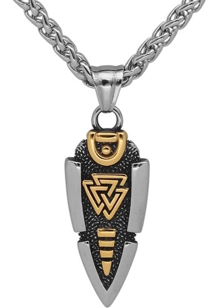 Valknut Işlemeli Çift Taraflı Ok Ucu Erkek 316L Çelik Kolye