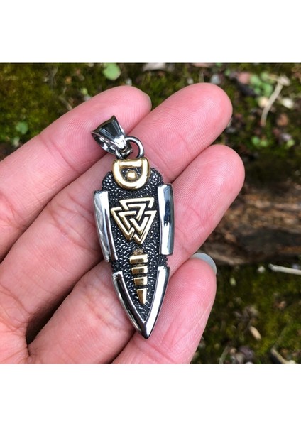 Valknut Işlemeli Çift Taraflı Ok Ucu Erkek 316L Çelik Kolye indirimleri