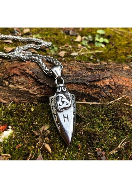 Arrow Triquetra Işlemeli Runik Yazılı Ok Ucu Örgü Zincir 316L Çelik Erkek Kolye