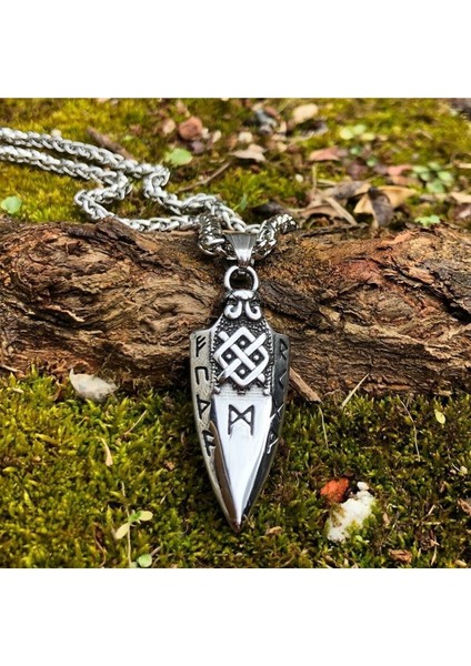 Arrow Triquetra Işlemeli Runik Yazılı Ok Ucu Örgü Zincir 316L Çelik Erkek Kolye