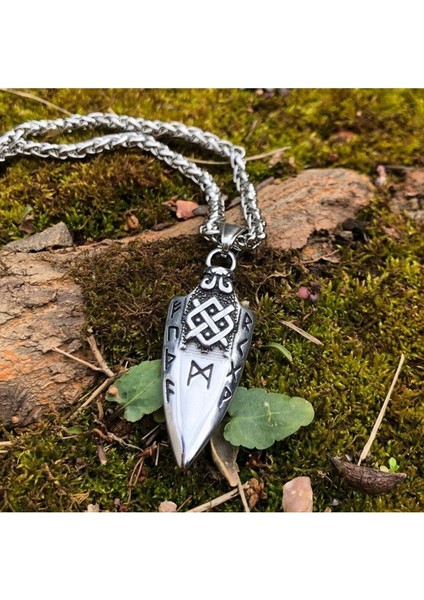 Arrow Triquetra Işlemeli Runik Yazılı Ok Ucu Örgü Zincir 316L Çelik Erkek Kolye