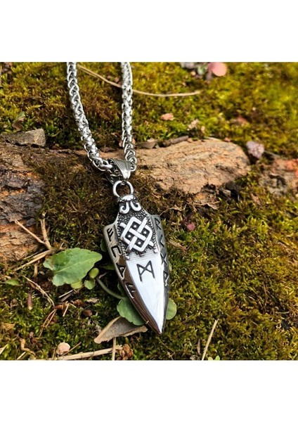 Arrow Triquetra Işlemeli Runik Yazılı Ok Ucu Örgü Zincir 316L Çelik Erkek Kolye
