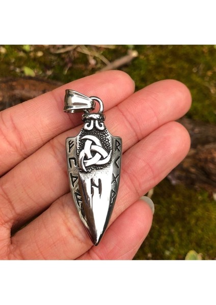 Arrow Triquetra Işlemeli Runik Yazılı Ok Ucu Örgü Zincir 316L Çelik Erkek Kolye
