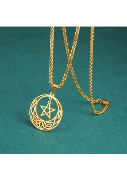 Pentagram & Moon Gotik Iskandinav Nordik Desenli Örgü Zincir Witchcraft Çelik Kolye