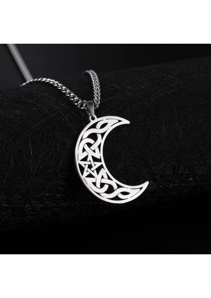 Pentagram & Moon Nordik Tribal Desenli Ay Tasarım Witchcraft Kadın Çelik Kolye