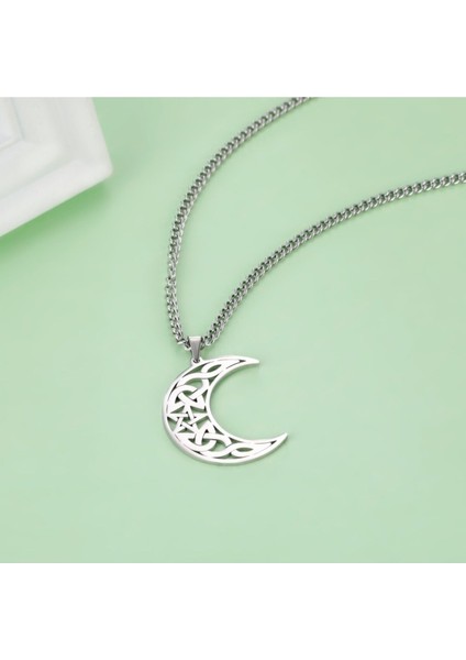Pentagram & Moon Nordik Tribal Desenli Ay Tasarım Witchcraft Kadın Çelik Kolye fiyatları
