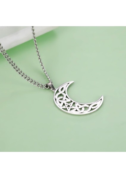 Pentagram & Moon Nordik Tribal Desenli Ay Tasarım Witchcraft Kadın Çelik Kolye modelleri