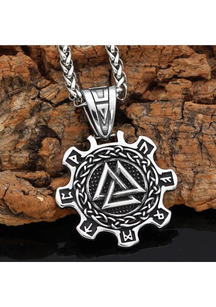 Valknut Nordik Motifli Triquetra Runik Yazılı 316L Çelik Erkek Kolye