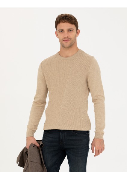 Erkek Bej Slim Fit Bisiklet Yaka Triko Kazak 50281823-VR011