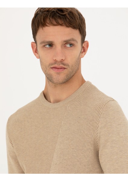 Erkek Bej Slim Fit Bisiklet Yaka Triko Kazak 50281823-VR011 fiyatları