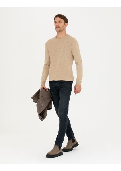 Erkek Bej Slim Fit Bisiklet Yaka Triko Kazak 50281823-VR011 fırsatları