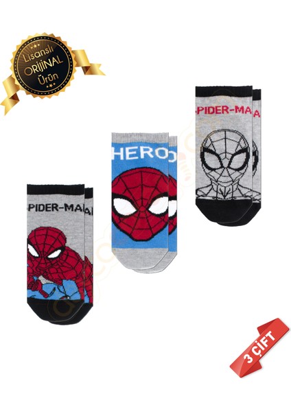 Lisanslı Spiderman Desenli Patik Çorap 3lü
