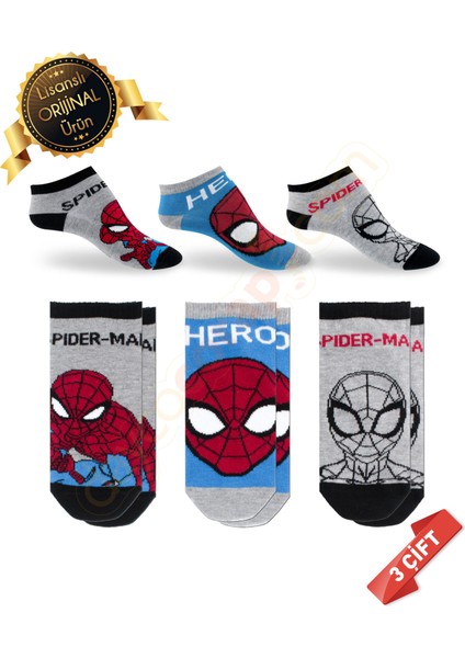 Lisanslı Spiderman Desenli Patik Çorap 3lü