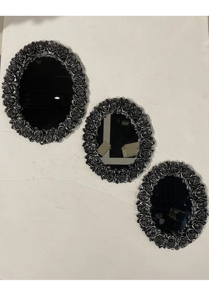 Dekoratif Polyester Üçlü Otantik Çiçek Desenli Ayna Takımı Gümüş Siyah Eskitme