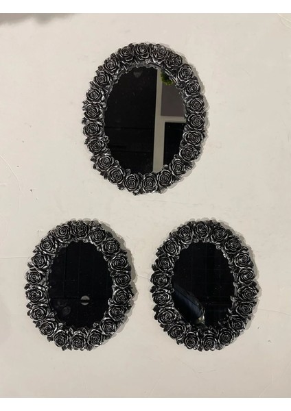 Dekoratif Polyester Üçlü Otantik Çiçek Desenli Ayna Takımı Gümüş Siyah Eskitme fiyatları