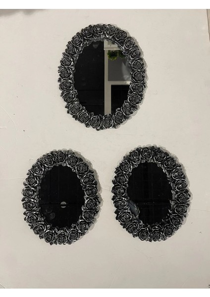 Dekoratif Polyester Üçlü Otantik Çiçek Desenli Ayna Takımı Gümüş Siyah Eskitme modelleri
