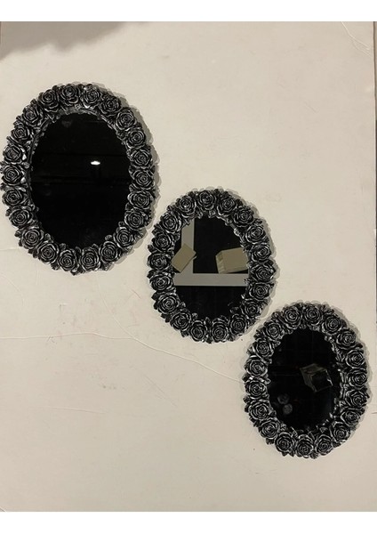 Dekoratif Polyester Üçlü Otantik Çiçek Desenli Ayna Takımı Gümüş Siyah Eskitme fırsatları
