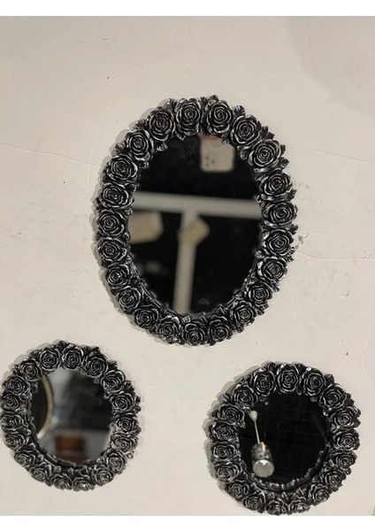Dekoratif Polyester Üçlü Otantik Çiçek Desenli Ayna Takımı Gümüş Siyah Eskitme indirimleri
