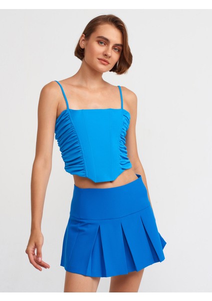 20129 Büzgülü Detaylı Askılı Crop Top-Mavi