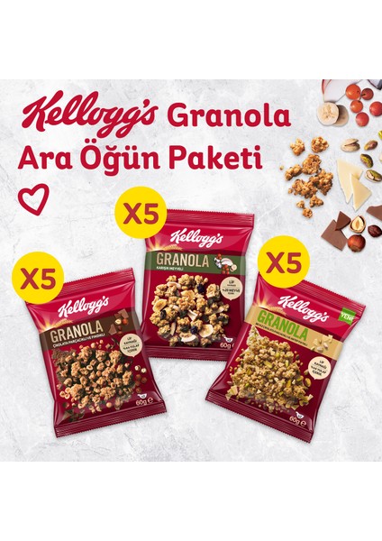 Granola 60 G x 15 Adet, Çikolata Parçacıklı ve Fındıklı, Kurutulmuş Meyveli, Beyaz Çikolatalı ve Antep Fıstıklı