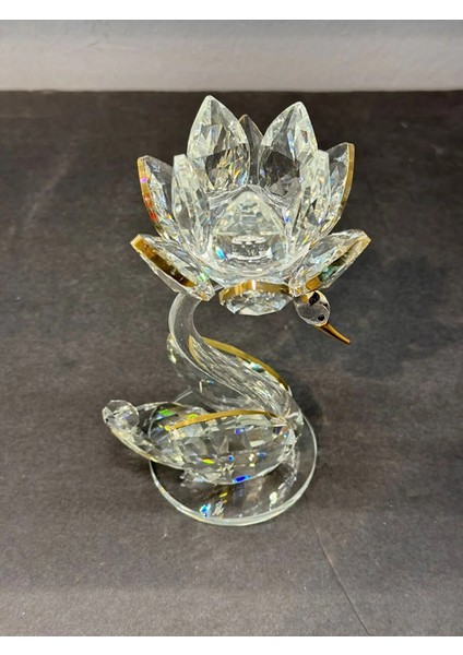 Dekoratif Kristal Cam Tekli Lotus Kuğulu Şamdan Gold