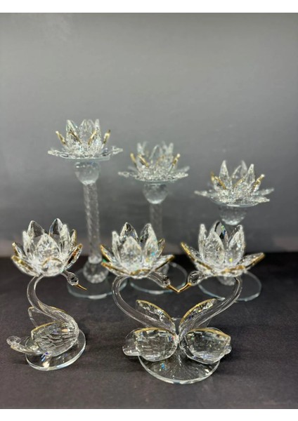 Dekoratif Kristal Cam Beşli Lotus ve Kuğulu Şamdan Set Gold