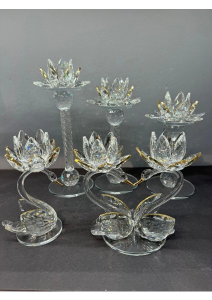 Dekoratif Kristal Cam Beşli Lotus ve Kuğulu Şamdan Set Gold fiyatları