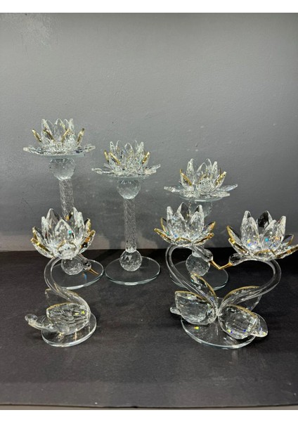 Dekoratif Kristal Cam Beşli Lotus ve Kuğulu Şamdan Set Gold modelleri