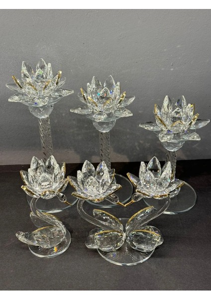 Dekoratif Kristal Cam Beşli Lotus ve Kuğulu Şamdan Set Gold fırsatları