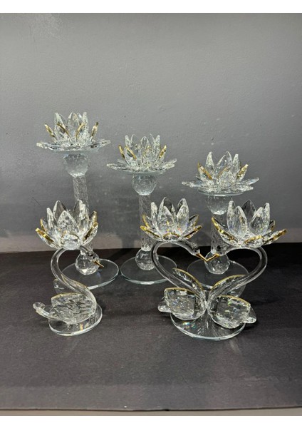 Dekoratif Kristal Cam Beşli Lotus ve Kuğulu Şamdan Set Gold indirimleri